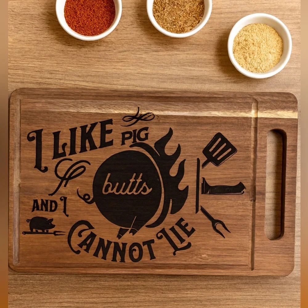 2/$50 BBQ Pig Butts Engraved Cutting Board – Acacia Wood 12” x 8” - Picture 1 of 5